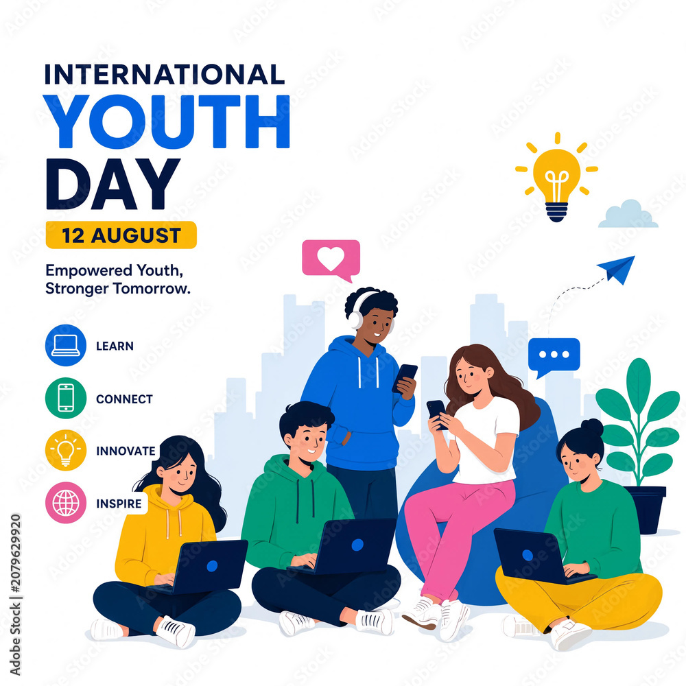 Naklejka premium Group of diverse youth collaborate on a digital project to celebrate International Youth Day with vibrant illustrations and ample copy space for messaging.