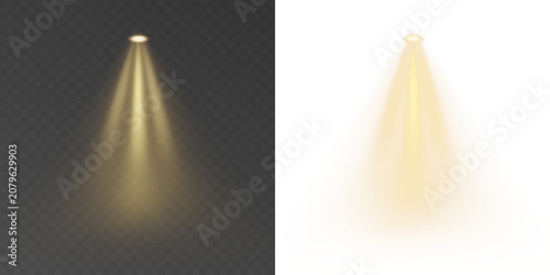 Luminous concert spotlight PNG isolated on transparent background with glowing warm light cone, realistic volumetric rays, soft mist and dramatic stage effect