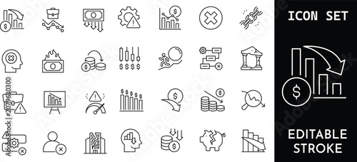 Cuadro en lienzo Set of 30 financial crisis and bankruptcy line icons.