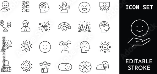фотографія Set of 36 positive emotion and happiness line icons, mental health and well-being vector illustrations