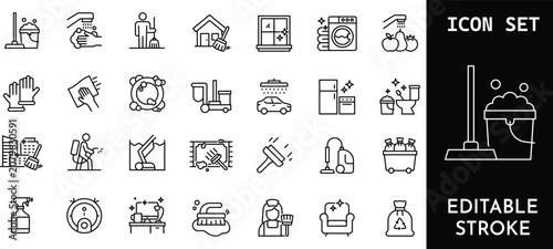 Obraz na plátně Set of 36 cleaning and hygiene line icons, household chores and professional cleaning vector illustrations