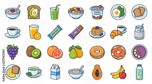 Healthy Breakfast and Morning Snack Icon Set