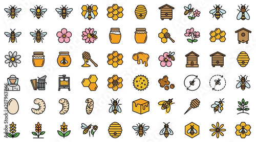 Line Art Bee and Honey Beekeeping Icon Set