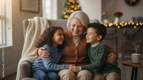Grandmother hugging grandchildren in cozy Christmas living room