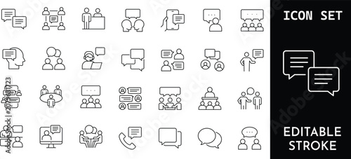 Photos set of communication, messaging and social media line icons, editable stroke, chat, discussion, meeting, online conversation