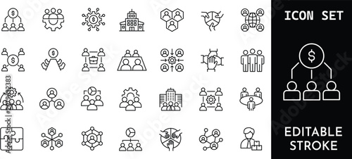 Foto Business teamwork and organizational structure line icon set.