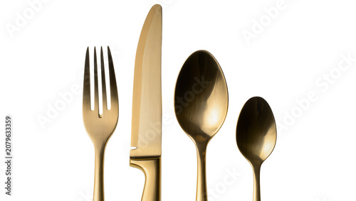 Bild auf Leinwand Isolated modern luxurious gold plated flatware set with dinner fork knife and tw