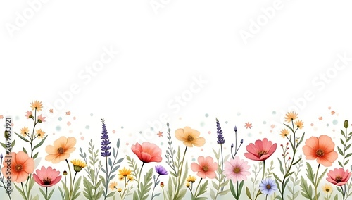 Delicate Wildflower Meadow Border Background with Watercolor Spring Flowers