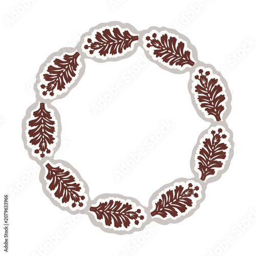 Hand drawn folk art greeting card frame motif. Flat isolated on white background vector illustration. Botanical scandi autumn fall nature design border ornament. Quirky framed childish flourish object