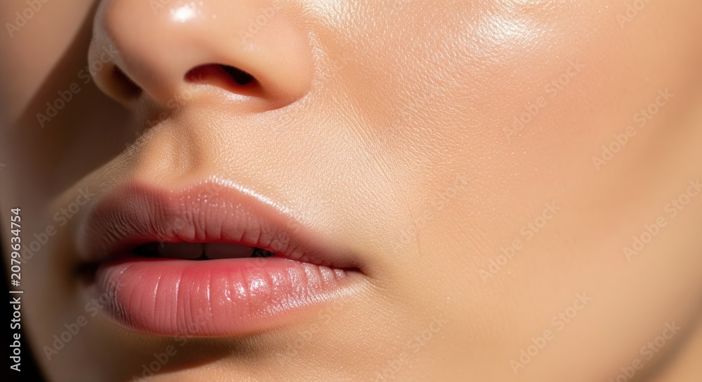 Naklejka premium Close-up of a woman's glowing skin and plump lips, showing smooth texture and healthy complexion for skincare and beauty.