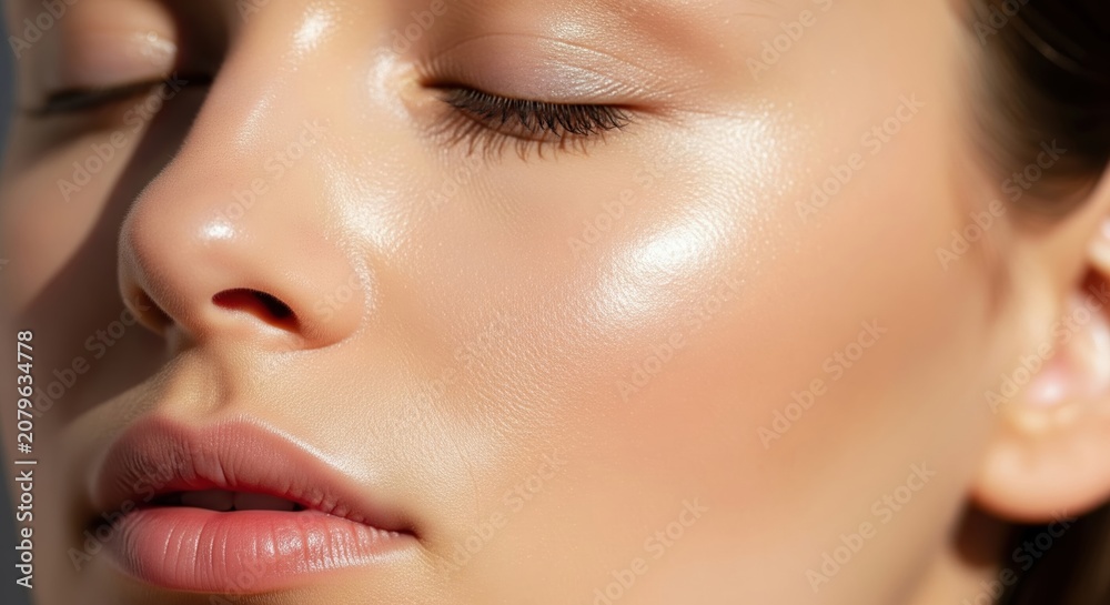 Fototapeta premium Close-up portrait of woman with radiant glowing glass skin and dewy makeup texture under soft sunlight.