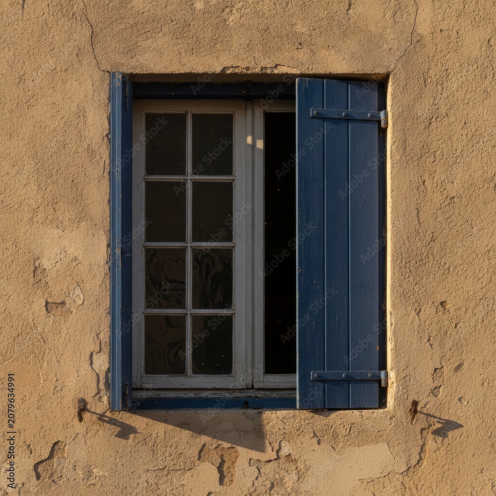 Fototapeta premium Old Window with Open Blue Wooden Shutters on Rustic European House Facade