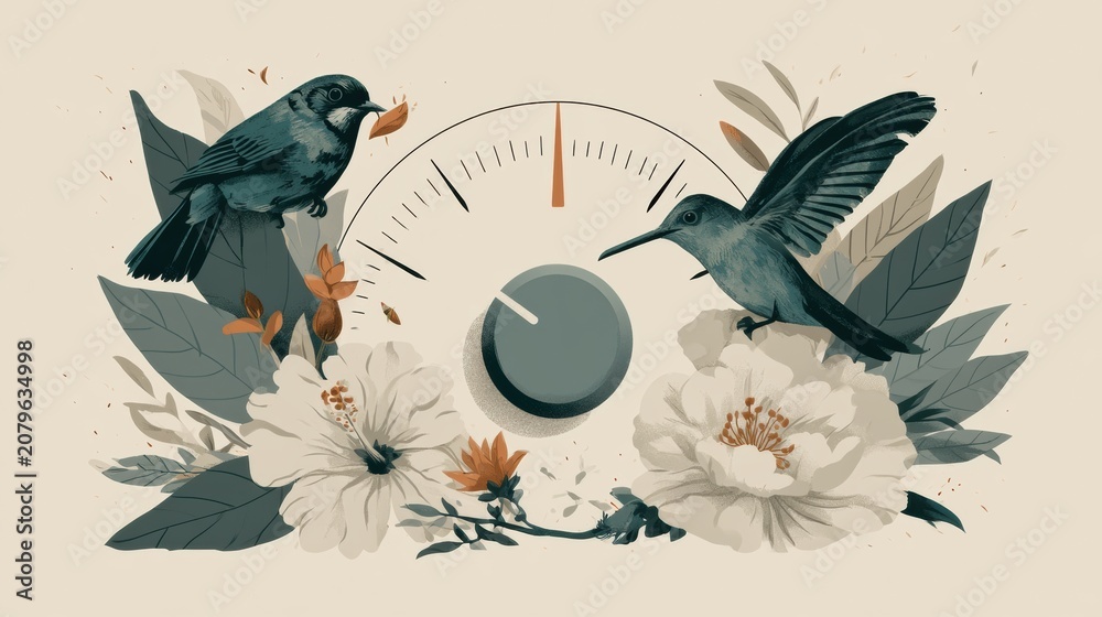 Fototapeta premium Birds and flowers surround a dial that represents sound levels in nature. This visual shows adjusting noise amid natural elements for balance.