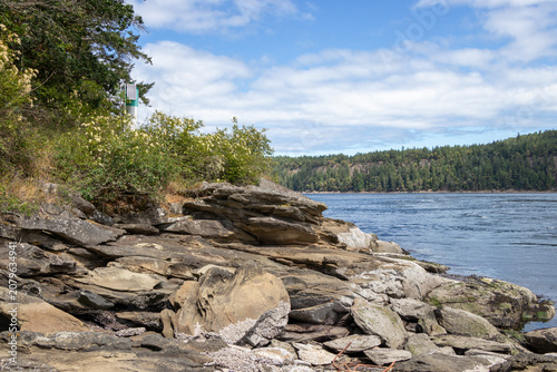Turbulent tidal whirlpools beside a rocky coast
