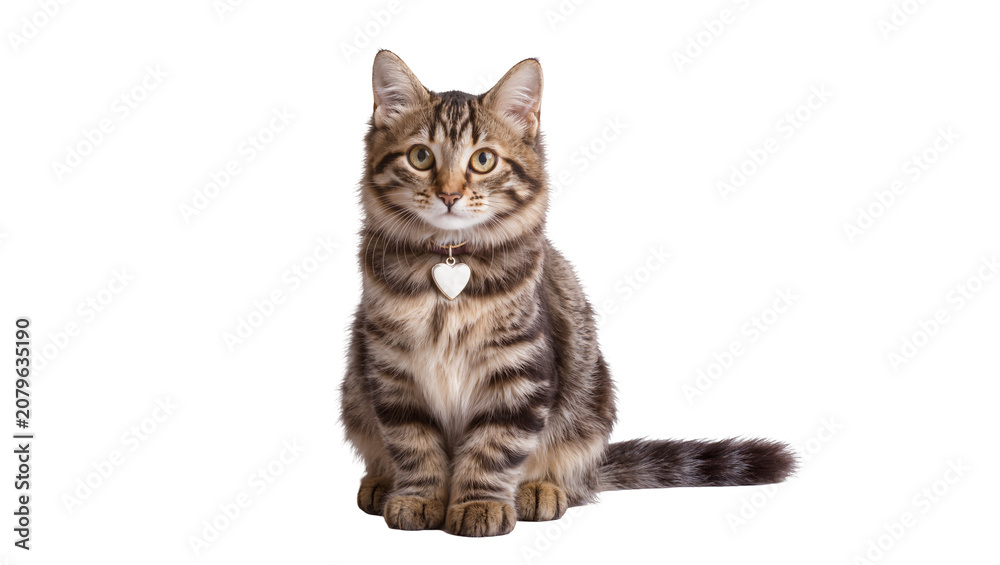 Fototapeta premium Isolated adorable domestic tabby cat with a charming heart-shaped tag sitting and looking at camera