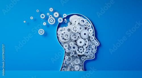 Foto Conceptual artwork showing a 3D silhouette of a head with gear mechanics showing