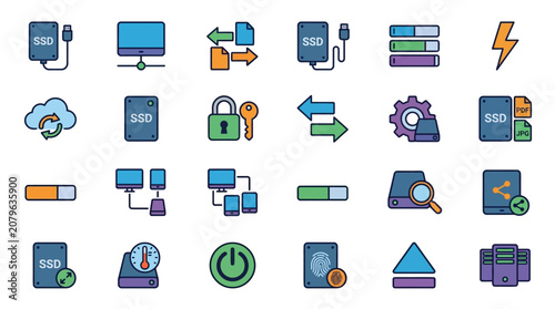 Bild auf Leinwand Flat Design Data and Technology Vector Icon Set