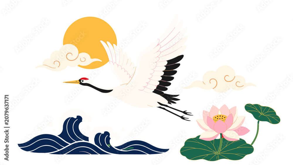 Fototapeta premium Flying crane with sun, clouds, waves, and lotus illustration