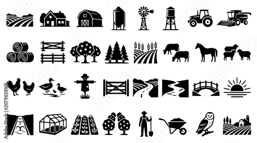 Foto :
Black Rural Farm Life Silhouette Vector Set with Farmland Agriculture and Coun