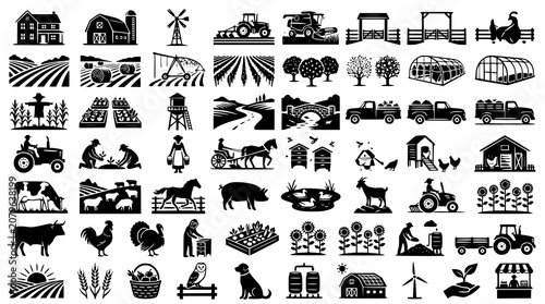Bild auf Leinwand :
Monochrome Farmland Eco Life Silhouette Vector Set with Rural Agriculture and