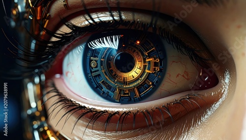Close up of robotic eye with golden mechanical parts.