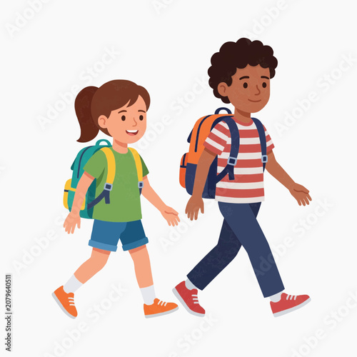 Two diverse children with backpacks walking together, illustration for back to school concept