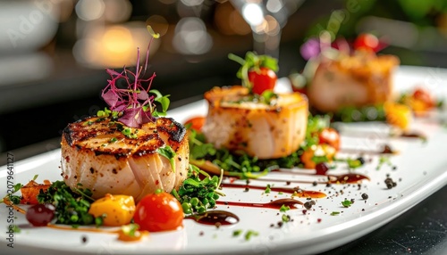 Close-up of seared scallops on white decorative plate.