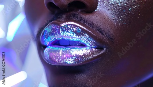 Close up of shimmering purple and silver glitter lips.