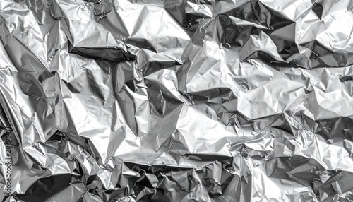 Close up of silver crumpled foil with reflective surface
