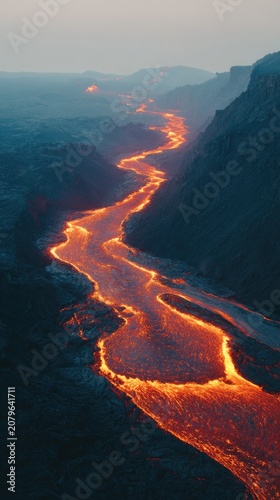 Lava flows in canyon during eruption