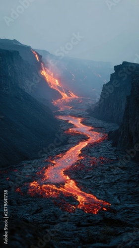 Lava flows through rugged landscape at dusk