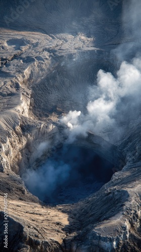Volcanic crater emitting steam and smoke at dawn