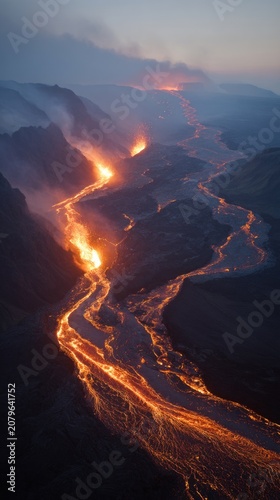 Lava flows through volcanic terrain