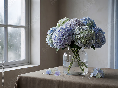 Hydrangea Still Life in Glass Vase with Rain light