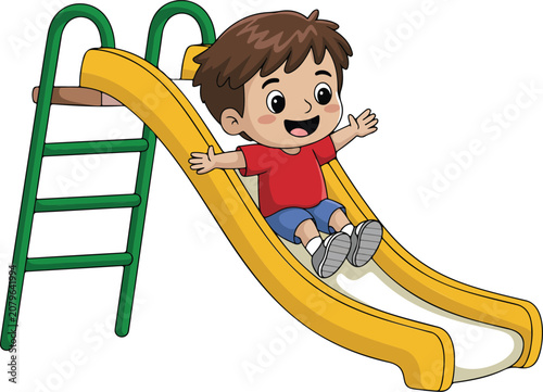Tableau sur toile Smiling schoolboy enjoying playtime on a yellow and blue plastic slide isolated
