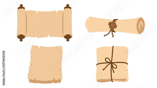 Set of antique parchment scrolls and rolled manuscript sheets