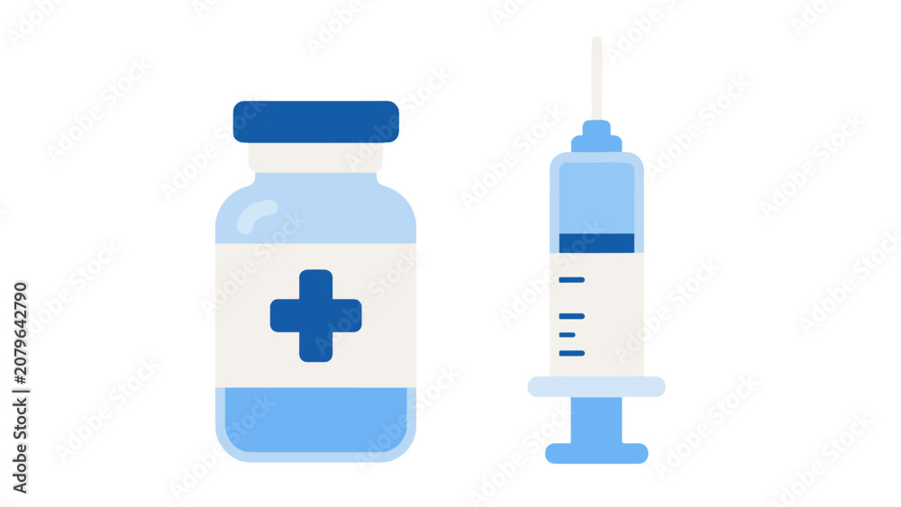 Fototapeta premium Flat medical vial and syringe vector illustration on white