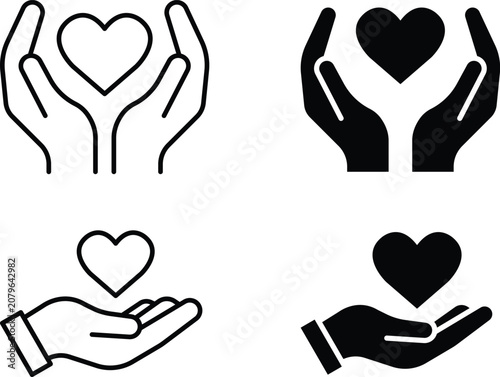 Care Heart Compassion Icon Collection With Helping Hands, Love, Support, And Charity Symbols For Healthcare Vector Design
