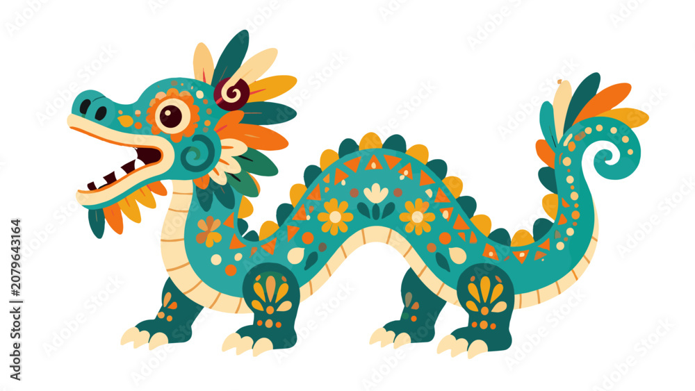 Fototapeta premium Colorful ornamental dragon in decorative folk art style