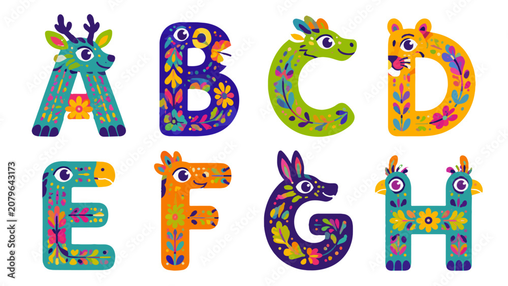 Fototapeta premium Colorful animal alphabet letters A to H in folk art style