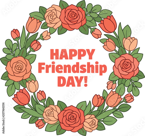 Friendship day floral wreath happy friendship day greeting card design.