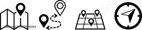 Navigation Location Icon Collection With Map, Route, Compass, And Pin Symbols For GPS, Travel, And Direction Vector Design