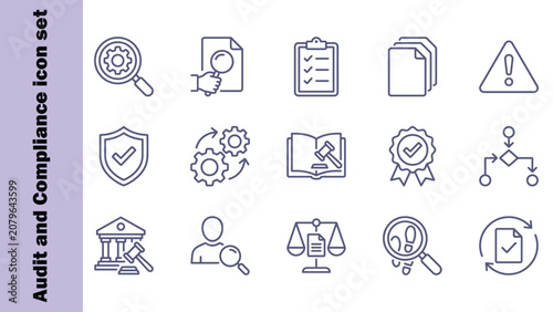 Картината върху платно Audit and Compliance icon set, containing auditor, assessment, checklist, inspection, review, governance, regulations, verification, risk management and more