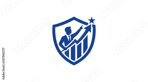 Foto Businessman pointing up on shield logo.