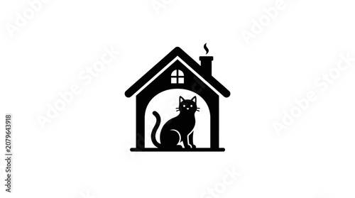 Bilde på lerret Black Cat Sitting in Dog House.