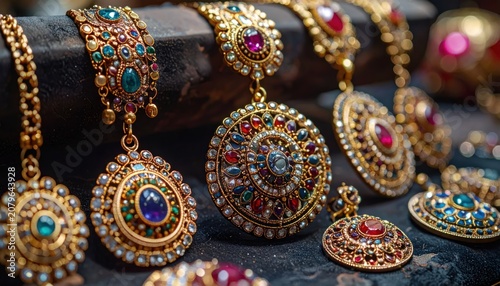 Close-up of traditional gold earrings with intricate gemstone details.