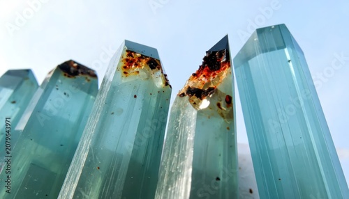 Close-up of translucent crystal pillars with rusty inclusions.