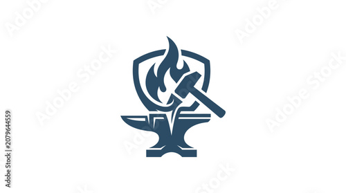 Blacksmith emblem with flame hammer.