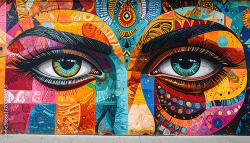 Close-up of vibrant mosaic style street art face mural.