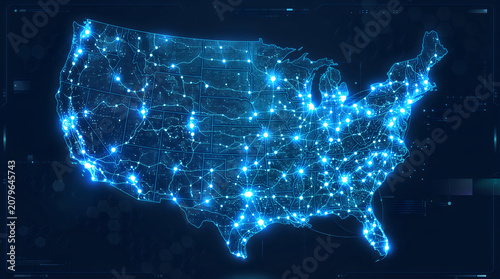 Glowing blue map of the united states with connections and networks across the country on a dark background with futuristic elements